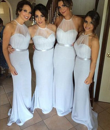 Elegant White Halter V Neck Simple Cheap Mermaid Long Bridesmaid Dresses ,BD139