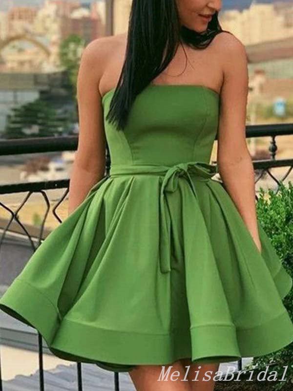 Sexy Elegant Green A-line Strapless Short Homecoming Dresses with Pleats, HD279