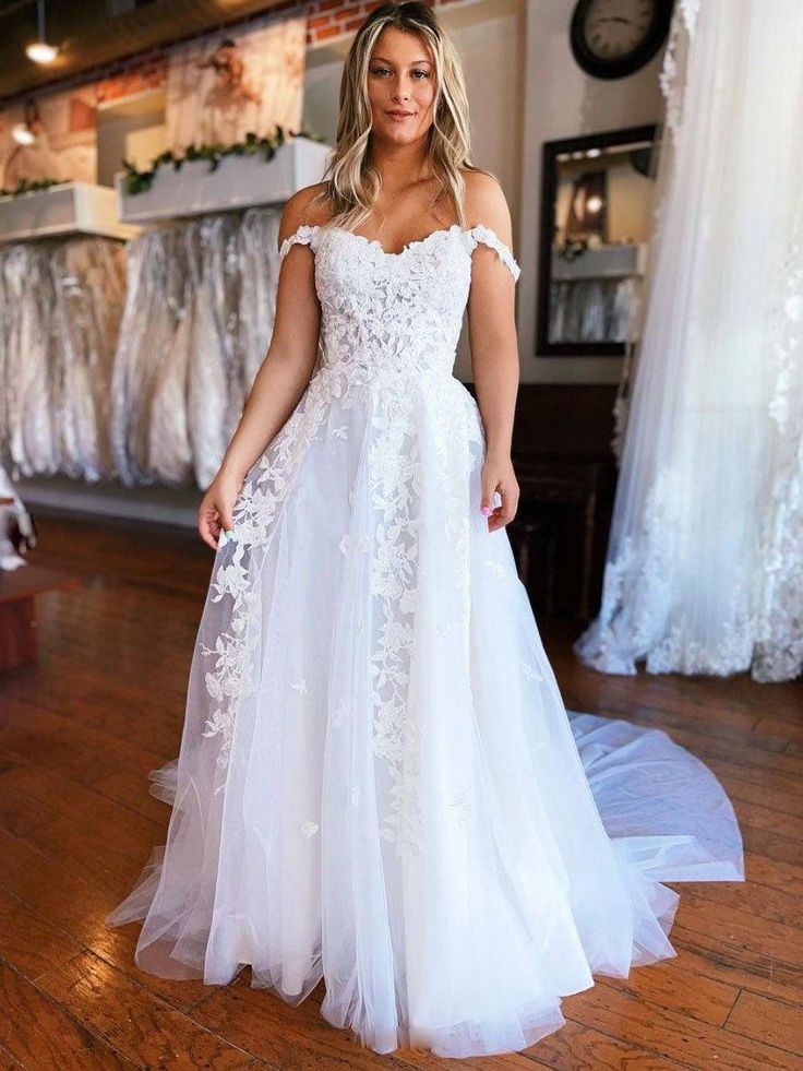 Elegant White Spaghetti Straps Off Shoulder Lace Appliques A-Line Long Wedding Dresses,WD49