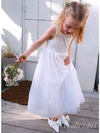 Simple Square White  A- Line Sleeveless Tulle Cheap Long Flower Girl Dresses ,FG23