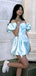 Unique Light Blue Off Shoulder Elastic Satin Short Homecoming Dresses, HD22