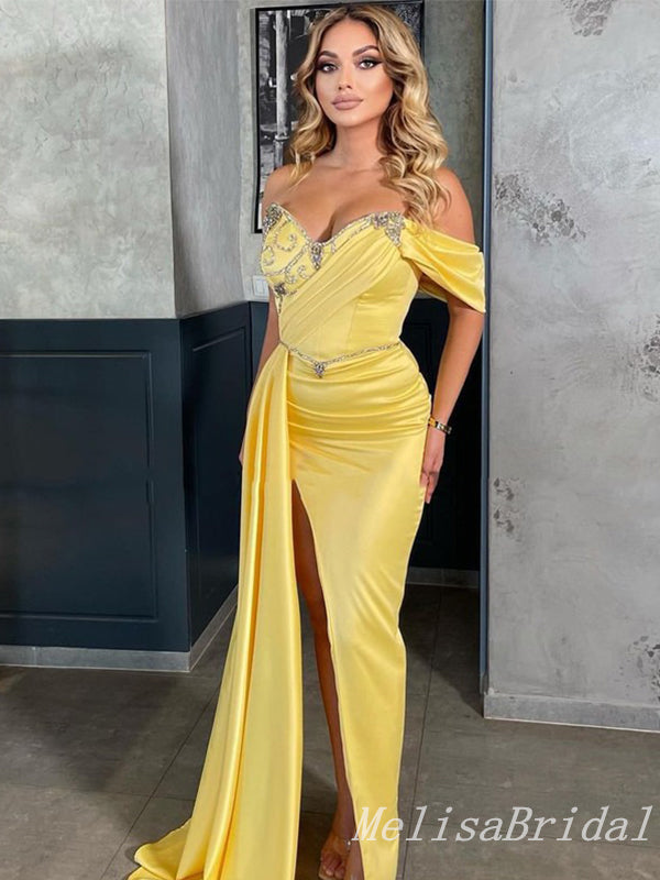 Yellow Mermaid Beaded Off-the-shoulder Evening Gown Long Evening Party Prom Dresses with Slit,MB817