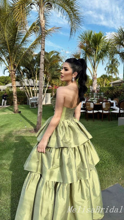 Green Layer Strapless A-Line Evening Gown Maxi Long Evening Party Prom Dresses  ,MB632