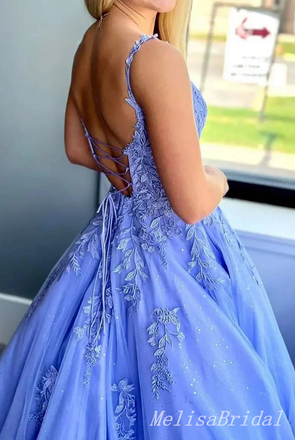 Elegant Tulle Lace Appliques A-line Evening Gown Long Prom Dresses,MB234