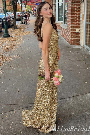 Sparkle Gold Mermaid Spaghetti Straps Evening Gown Maxi Long Evening Party Prom Dresses,MB774