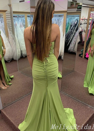 Sexy Green Mermaid Spaghetti Straps Lace Up Back Evening Gown Maxi Long Formal Dresses Prom Dresses With High Slit,MB461