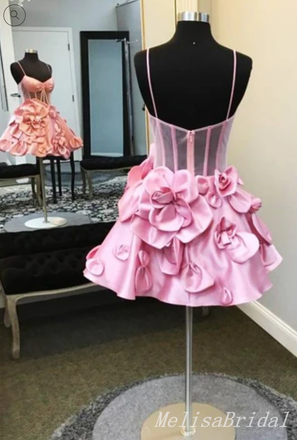 Sexy Pink 3D Floral Spaghetti Straps Sweetheart Ball Gown Short Homecoming Dresses, HD266