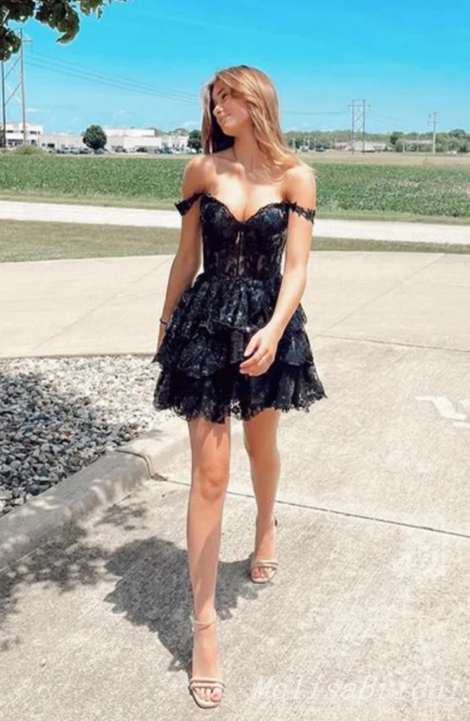 Sexy Off-the-Shoulder Black Plunging Lace Appliques A-line Short Homecoming Dresses with Ruffles, HD271