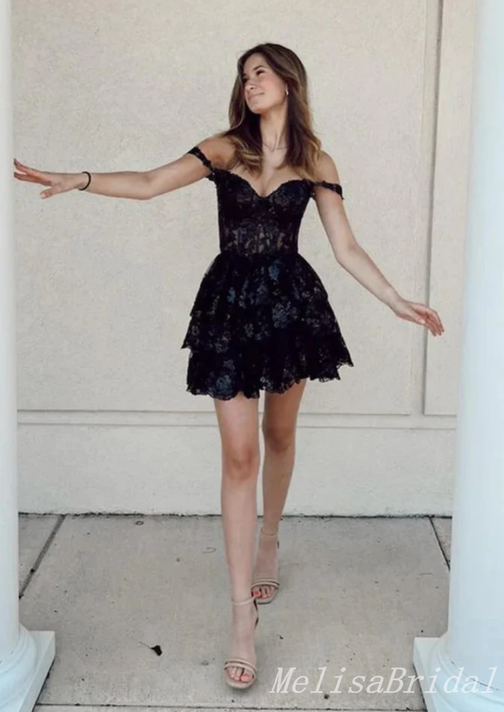 Sexy Off-the-Shoulder Black Plunging Lace Appliques A-line Short Homecoming Dresses with Ruffles, HD271