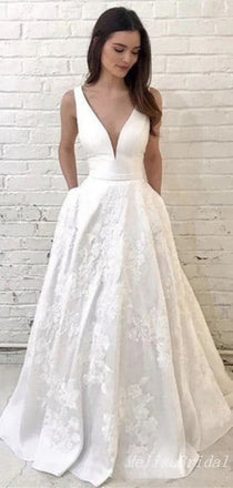 Elegant Plunging White Floral Appliques A-line Evening Gown Long Prom Dresses,MB314