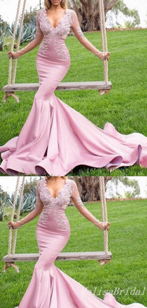Charming Elegant Deep V-neck Lace Appliques Long Sleeves Pink Evening Gown Long Prom Dresses with Ruffles,MB338