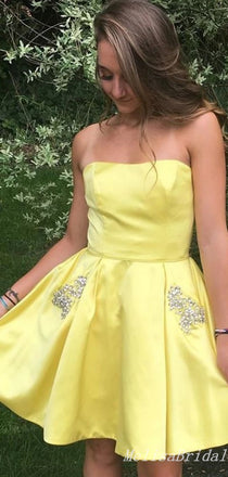 Sexy Yellow Beaded Straight Neck Strapless Charming Short Homecoming Dresses , HD306