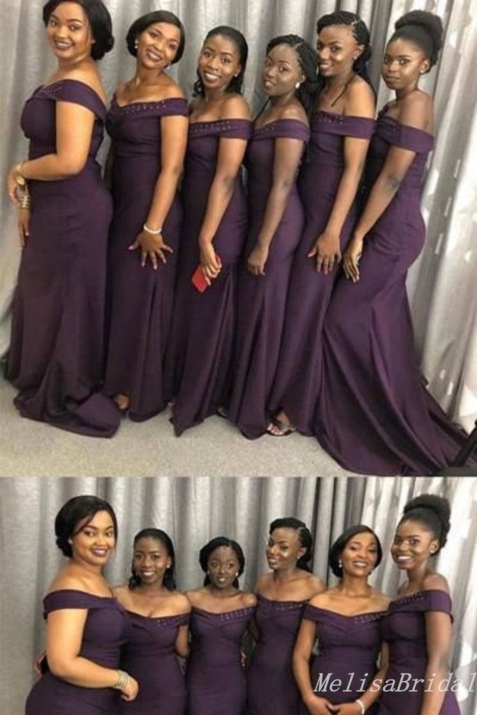 Dark Purple Off Shoulder Mermaid Long Bridesmaid Dresses ,BD209