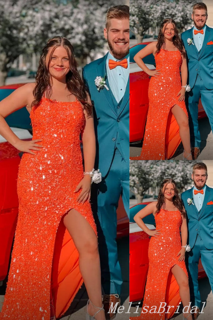 Shiny Orange Mermaid Side Slit Mermaid Party Dress Long Prom Dresses to Impress ,MB990