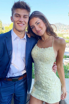 Sexy Elegant Yellow Lace Appliques Lace Up Back Short Homecoming Dresses , HD243