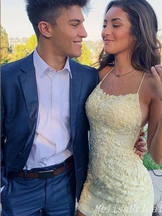 Sexy Elegant Yellow Lace Appliques Lace Up Back Short Homecoming Dresses , HD243