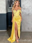 Yellow Mermaid Beaded Off-the-shoulder Evening Gown Long Evening Party Prom Dresses with Slit,MB817