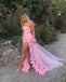 Elegant Pink Floral Strapless Tulle Side Slit Mermaid Long Evening Prom Dresses,MB121