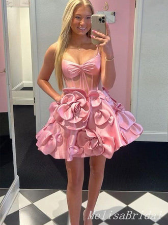 Sexy Pink 3D Floral Spaghetti Straps Sweetheart Ball Gown Short Homecoming Dresses, HD266