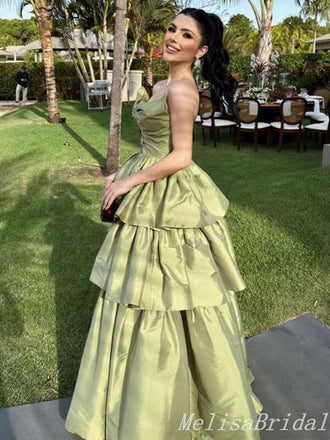 Green Layer Strapless A-Line Evening Gown Maxi Long Evening Party Prom Dresses  ,MB632