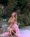 Elegant Pink Floral Strapless Tulle Side Slit Mermaid Long Evening Prom Dresses,MB121