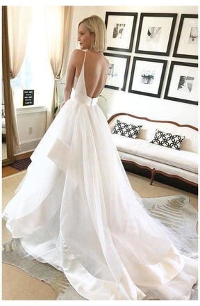 Elegant White Spaghetti Straps V Neck Tulle A-Line Long Wedding Dresses,WD50