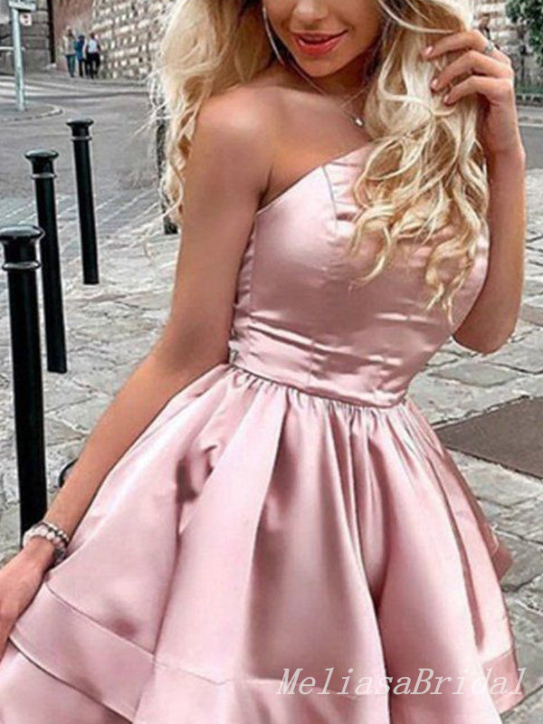 Sexy PInk A-line Charming One Shoulder Short Homecoming Dresses with Ruffles, HD244