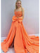 Sexy Bright Orange Sequin Strapless Side Slit Mermaid Long Evening Prom Dresses,MB98