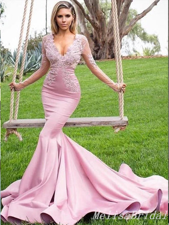 Charming Elegant Deep V-neck Lace Appliques Long Sleeves Pink Evening Gown Long Prom Dresses with Ruffles,MB338