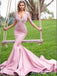 Charming Elegant Deep V-neck Lace Appliques Long Sleeves Pink Evening Gown Long Prom Dresses with Ruffles,MB338