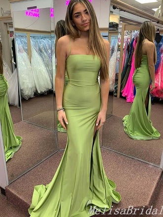 Sexy Green Mermaid Spaghetti Straps Lace Up Back Evening Gown Maxi Long Formal Dresses Prom Dresses With High Slit,MB461