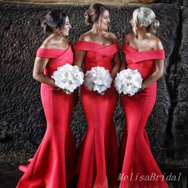 SexyRed Off Shoulder Simple Cheap Mermaid Long Bridesmaid Dresses ,BD163