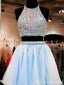 Two Pieces Blue Beaded O-Neck A-Line Graduation Party Short Homecoming Dresses, HD406