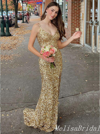 Sparkle Gold Mermaid Spaghetti Straps Evening Gown Maxi Long Evening Party Prom Dresses,MB774
