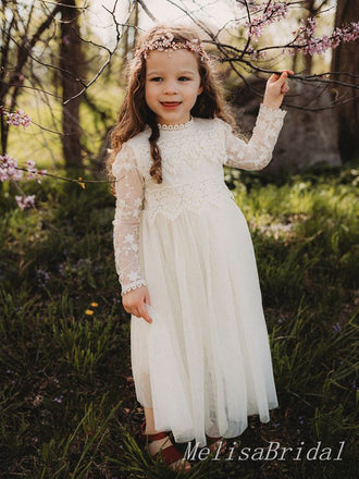 White Tulle Lace Appliques Long Sleeves A- Line Cheap Simple Long Flower Girl Dresses ,FG38
