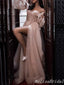Sexy Sparkly Off-the-shoulder Long Sleeves Sweetheart Tulle A-line Evening Gown Long Formal Dresses Prom Dresses with Side Slit,MB376
