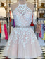 A-Line Leaf Appliques Beaded Halter Light Pink Graduation Party Short Homecoming Dresses  , HD391