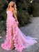 Elegant Pink Floral Strapless Tulle Side Slit Mermaid Long Evening Prom Dresses,MB121