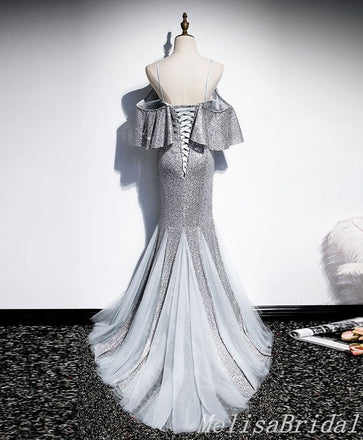 Silver Lace Up Back Spaghetti Straps V-Neck Mermaid Evening Gown Maxi Long Evening Party Prom Dresses  ,MB612