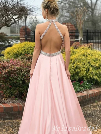 Sexy Elegant Beading Halter Sleeveless Open Back Evening Gown Long Prom Dresses with Pleats,MB268