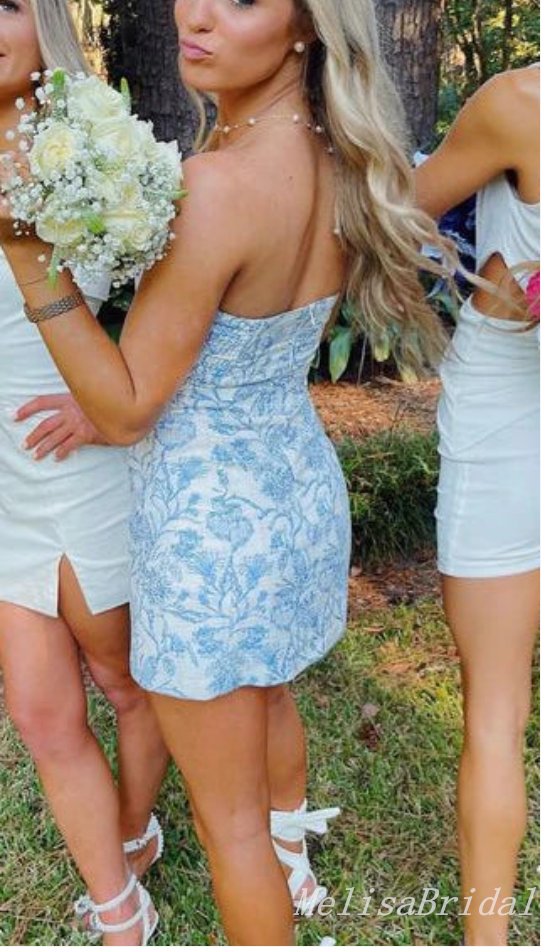 White And Blue Embroidery Backless Strapless Mermaid Graduation Party Short Homecoming Dresses , HD373