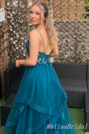 Sexy A-line Spaghetti Straps V-neck Lace Appliques Tulle Evening Gown Long Formal Dresses Prom Dresses,MB355