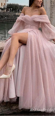 Sexy Sparkly Off-the-shoulder Long Sleeves Sweetheart Tulle A-line Evening Gown Long Formal Dresses Prom Dresses with Side Slit,MB377
