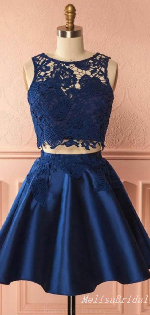 Two Pieces O-Neck A-Line Navy Blue Lace Appliques Graduation Party Short Homecoming Dresses, HD407