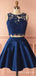 Two Pieces O-Neck A-Line Navy Blue Lace Appliques Graduation Party Short Homecoming Dresses, HD407