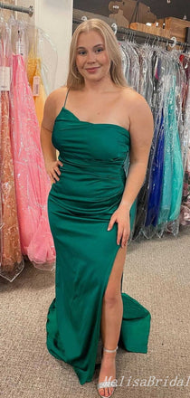 Sexy Green Single Spaghetti Straps Evening Gown Maxi Long Formal Dresses Prom Dresses With High Slit,MB462