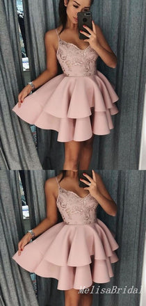 Sexy Spaghetti Straps Pink Lace Appliques A-line Short Homecoming Dresses with Ruffles, HD272