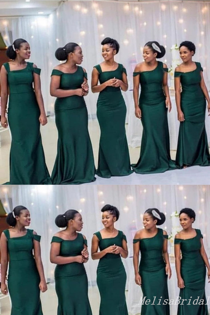 Green One Shoulder Off Shoulder Mermaid Long Bridesmaid Dresses ,BD210