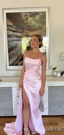 Elegant Light Pink Sexy Strapless Sheath Evening Gown Maxi Long Formal Dresses Prom Dresses With High Slit,MB411