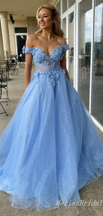 Sexy Off-the-Shoulder Sweetheart Floral Appliques Tulle A-line Evening Gown Long Prom Dresses ,MB283